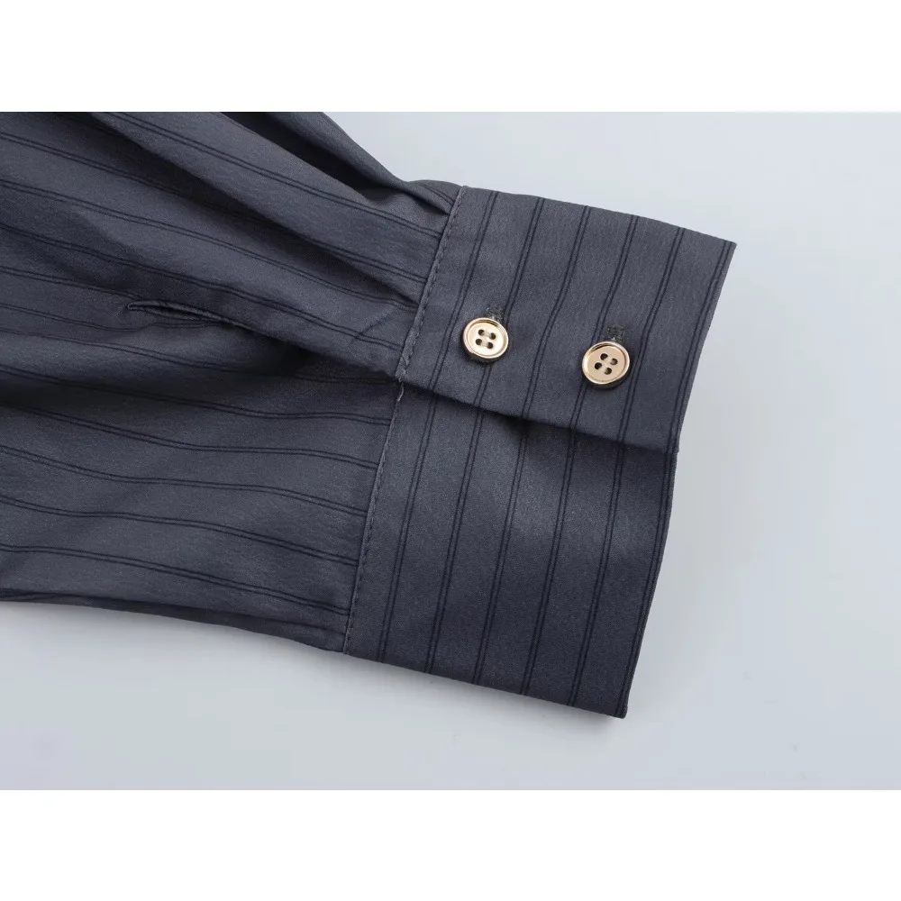 أزياء مخطط بانت مجموعات لسيدة عارضة التلبيب الياقة كم طويل قميص مخطط مع علامة تبويب زرر مطابقة مريح بنطال ذو قصة أرجل واسعة #4