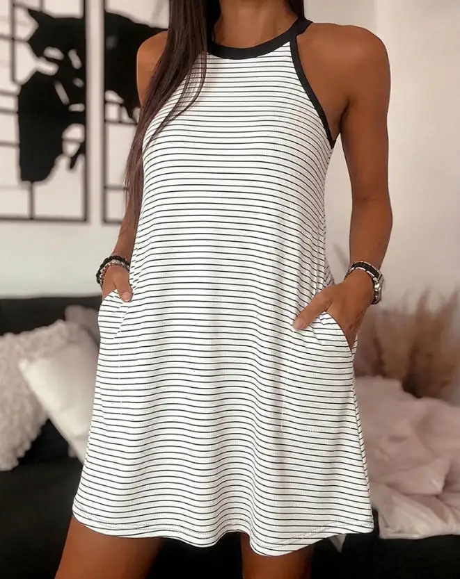 

Women's Dress 2026 Spring New Fashion Striped Pocket Design Round Neck Sleeveless Casual A-Line Daily Mini Dress