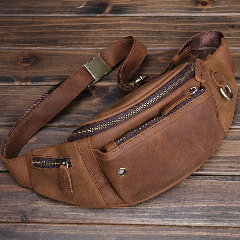 Crazy Horse-riñonera de cuero de vaca para hombre, bolso de pecho Diagonal deportivo de gran capacidad, para teléfono móvil