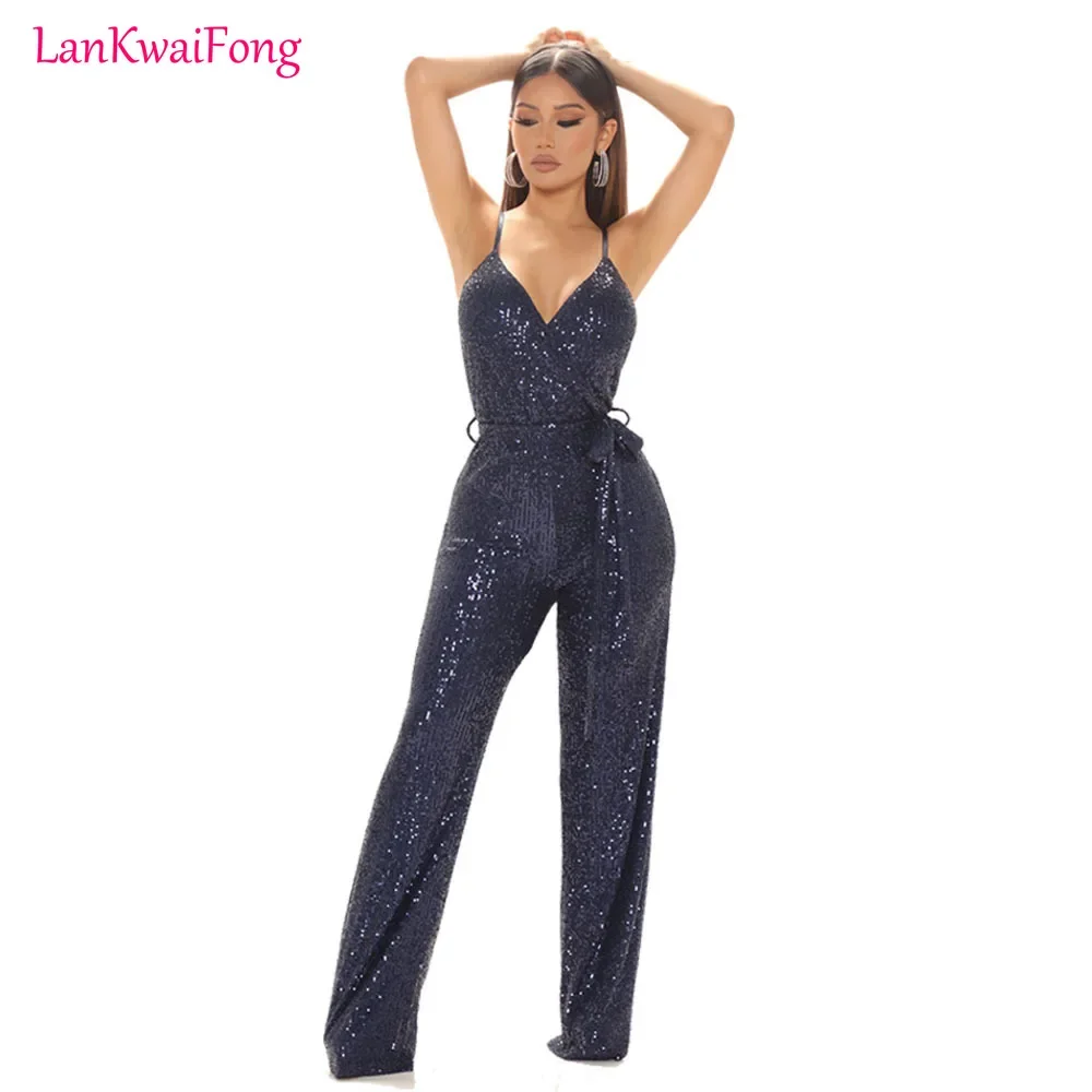 . Autumn Sexy Suspender Sequin Jumpsuit Women Fashion Nightclub Style Sleeveless Lace Up Sequin Jumpsuit Women