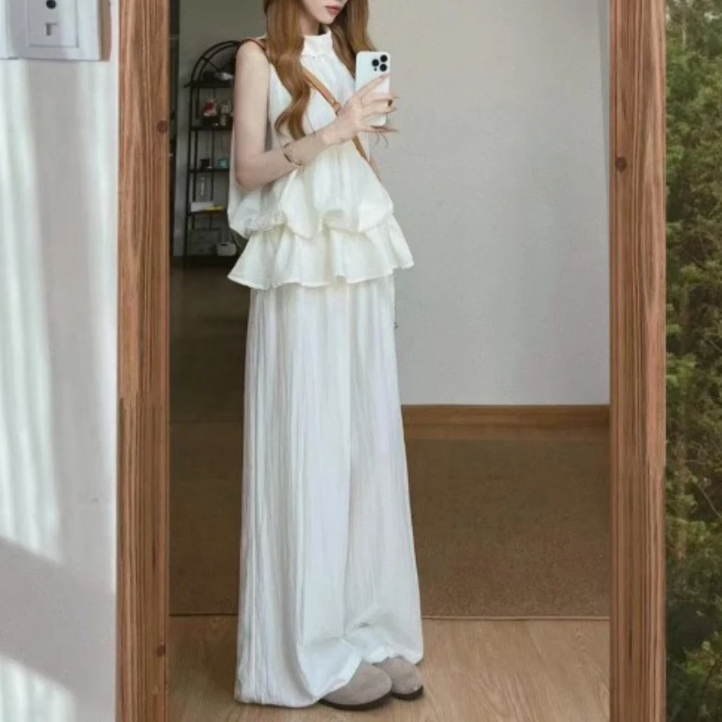 

Новинка 2025 года, очень простые белые топы с завязками на талии и бутонами цветов + летние женские темпераментные элегантные повседневные широкие брюки Ramie, комплект