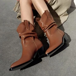 Women's Shoes 2024 Fashion Sleeve Women's Boots Winter Pointed Toe Solid Middle Barrel Chunky Heels Large Size Western Boots