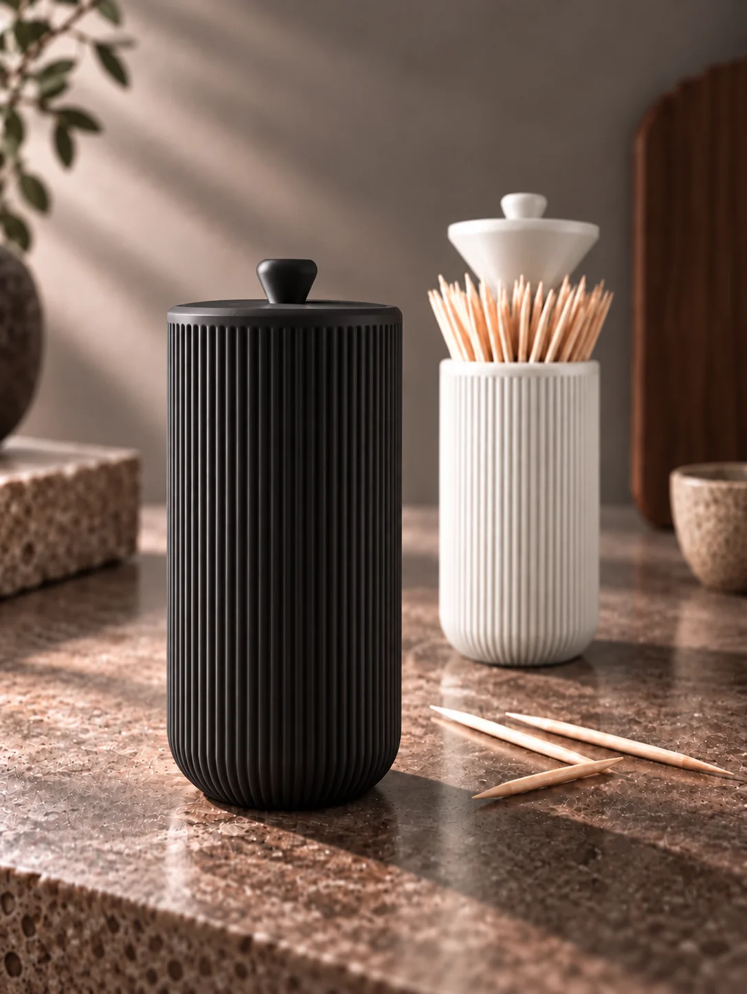 Vertical Stripe Pull-Up Style Automatic Toothpick Holder with Lid, Pull-Up Design for Easy Access, Keeps Toothpicks Clean and Organized, Matte Texture, Modern Minimalist Nordic Style, Available in Black and White, with Lid for Dust and Moisture Protection, Effectively Protects the Hygiene of Toothpicks, Suitable for Multiple Settings Such as Kitchen, Dining Room, Bathroom, and Dressing Table, Can Be Used as a Simple and Elegant Kitchen Decoration or Bathroom Accessory, Suitable for Home, Office, and Restaurant Use, Combines Practicality and Decorative Appeal, High Aesthetic Value