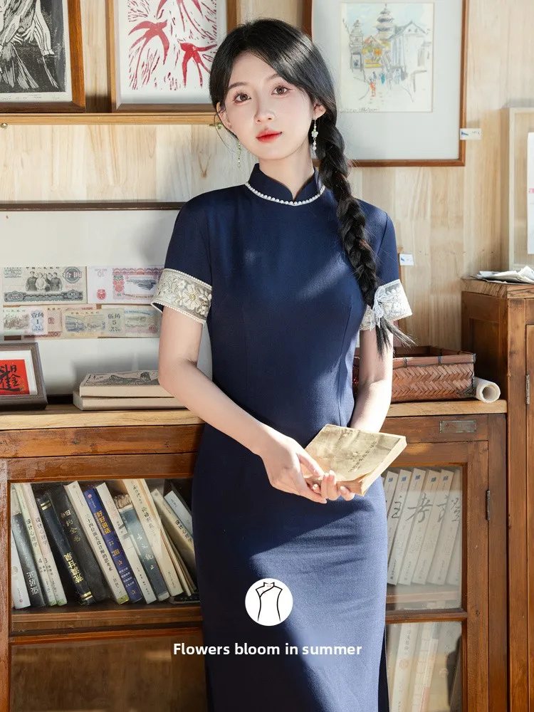 

Jia Yue Ретро Китайская Республика Художественная Синяя Длинная Dr Весна Лето Новая Sle ort Sve Дышащая повседневная юбка