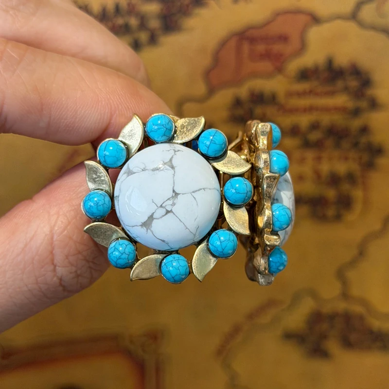 

Vintage Natural White Turquoise Earrings Blue Antique Gold Color Flower Round Bohemian Jewelry Luxury High Quality Designer 2026