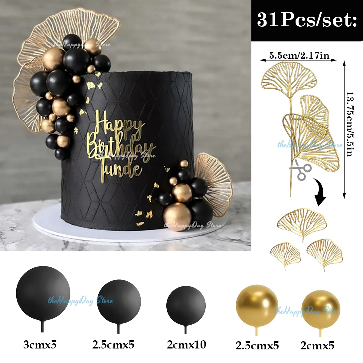 1 Set Schwarz-Gold Kugeln Tortendekoration Ginkgo-Blätter Abschlussfeier Kuchendekoration Boho 30. Geburtstag Hochzeit Babyparty Tortendeko – Detail 40