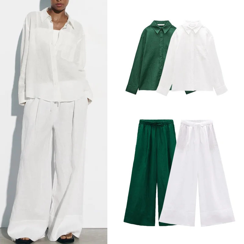 

Spring New Sle irt with ket Decoration Wide Leg Pants Cotton Material Faionable Women's Set Student orm Work Outfit