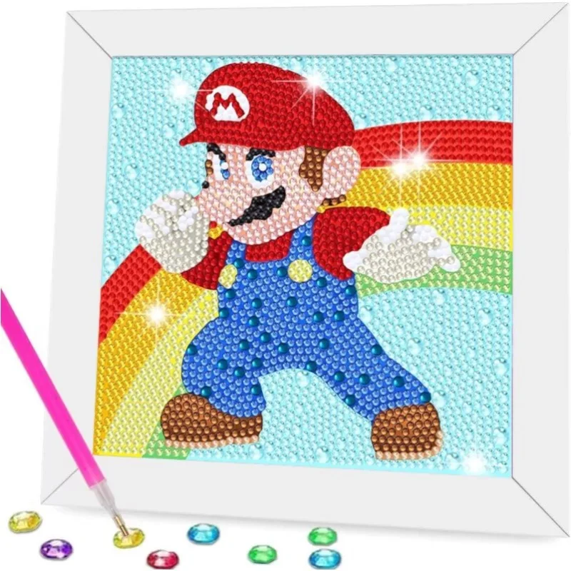 

Sticker Art DIY for Children Featuring Mario and Pikachu Characters 5dDiamond Painting Using Crystal Rhinestones for Decoration