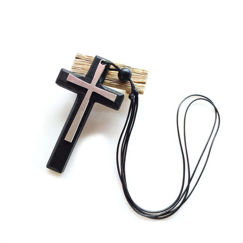Big Wooden Cross Pendant Rope Choker Chain Necklace For Men Women Black Brown
