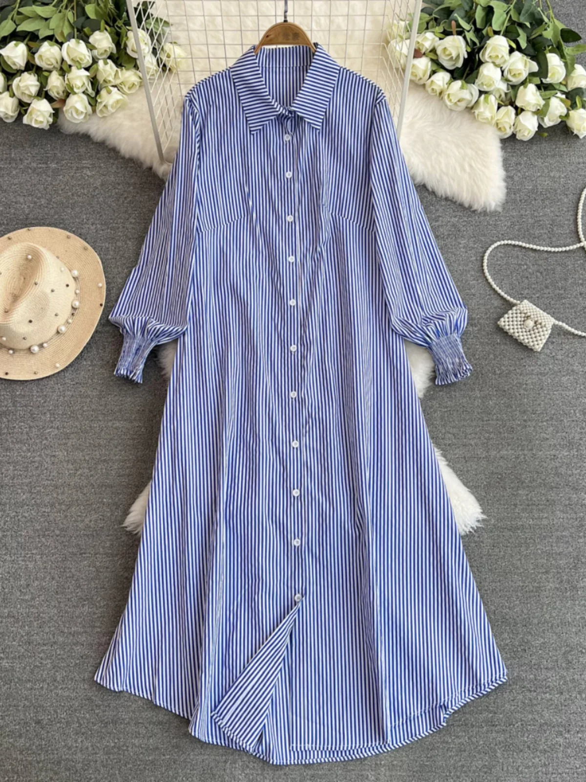 

SuperAen Spring Autumn 2024 New Korean Vintage Streak Long Sleeve Dresses Vintage Style Dresses for Women