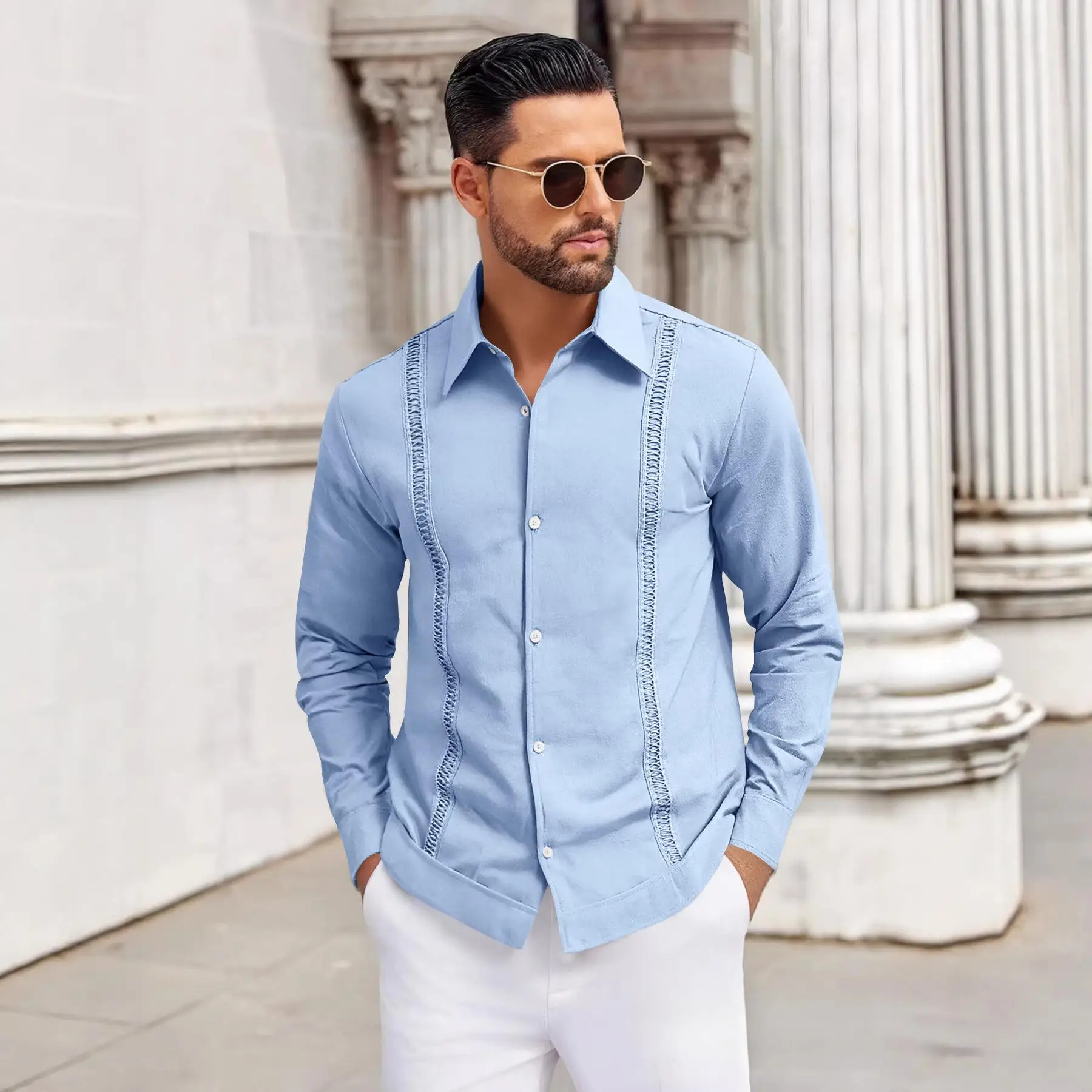 

New Cotton Linen Button up Shirt Stand Collar 2026 Men's Casual Summer Beach Vacation Trend Spring Season Long Sleeve C...