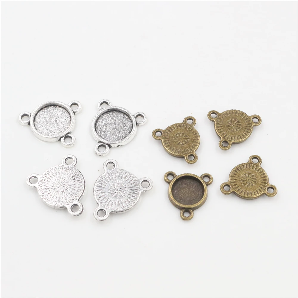 50pcs 8mm and 10 mm Inner Size Antique Bronze And Silver color Three Hanging Style Cabochon Base Cameo Setting Charms Pendant