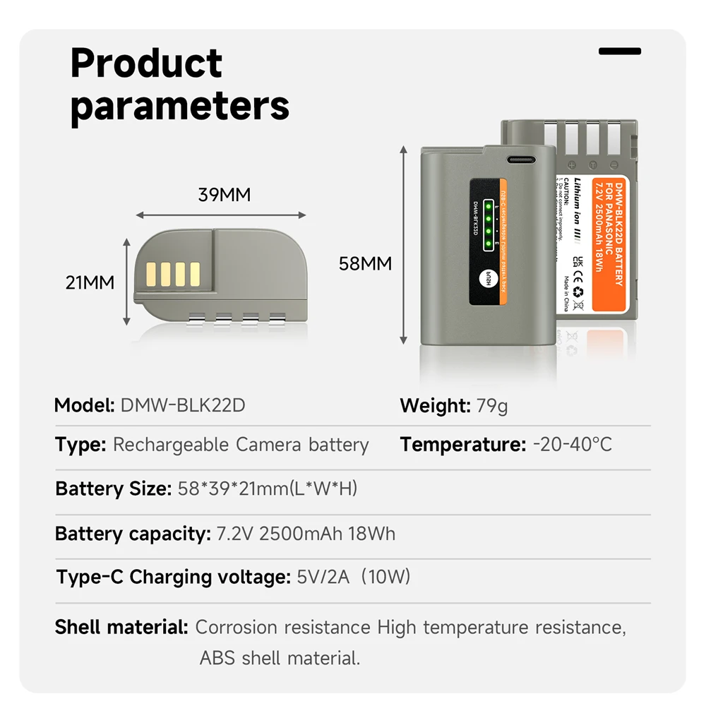 DMW-BLK22 DMW BLK22 2500mAh Battery with USB-C Fast Charge Port for Panasonic LUMIX DC-S5 II DC-S5K S5M2 GH5 II GH6 S5 IIX