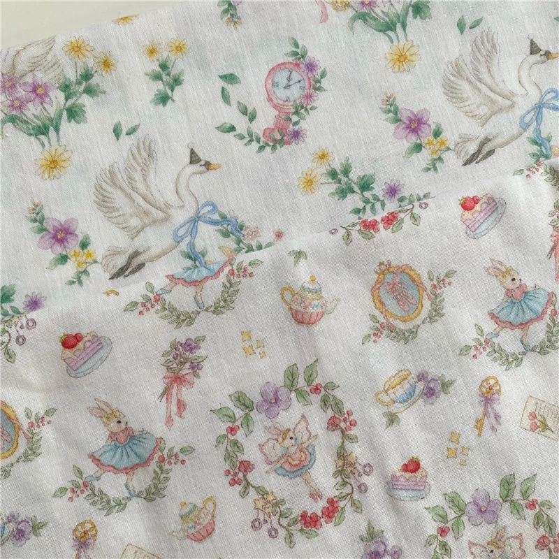Мягкая ткань, хлопковая двухслойная пряжа, лебедь, кролик, мультяшная иллюстрация, ткань «сделай сам», одеяло ручной работы, наволочка, пижамная ткань