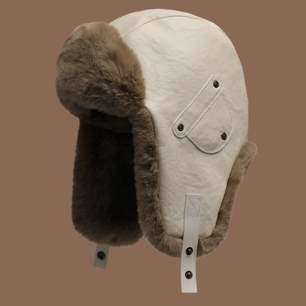Neutral Vintage Pu Leather Pilot Hat Plush Side Rivets Winter Ski Cap Thicked Warm Ear Protection Hat Mountaineering