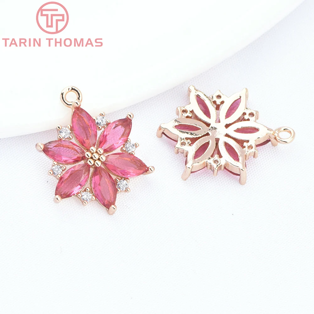 (9064) 4PCS 13.5x17.5MM 24K Gold Color Brass with Zircon Flower Shaped Pendants High Quality DIY Jewelry Making Findings
