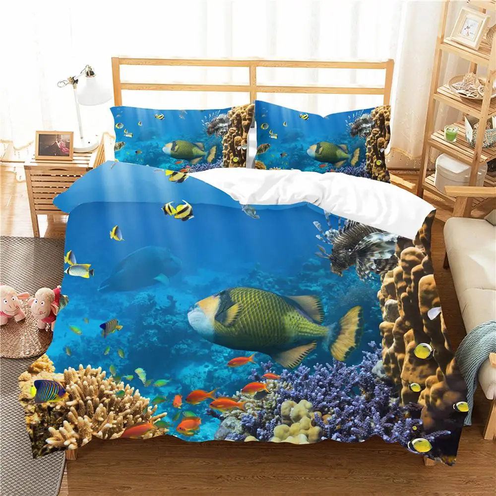 Ocean Fish Bedding Set - Polyester, Marine Theme with Underwater Sea Life, Twin to King Sizes