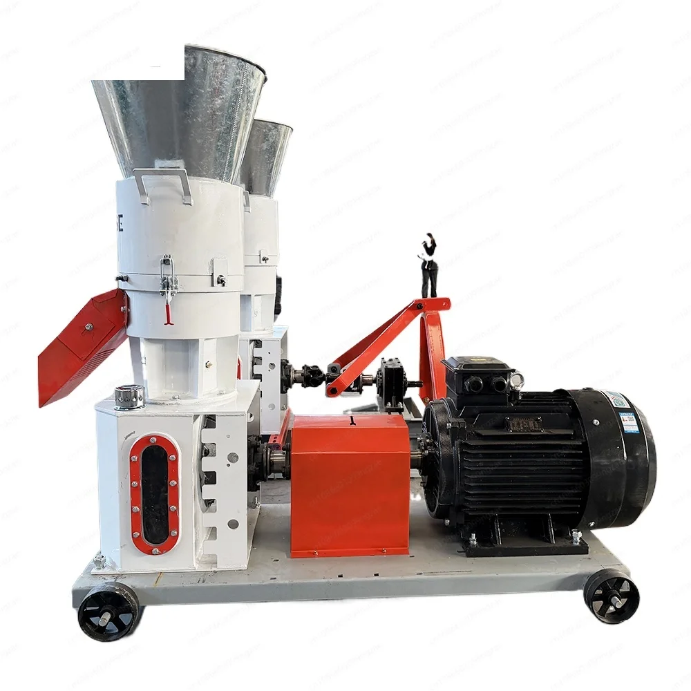 Commercial 1-ton-per-hour animal feed pellet machine with rotating active rollers for hard materials and bran blends