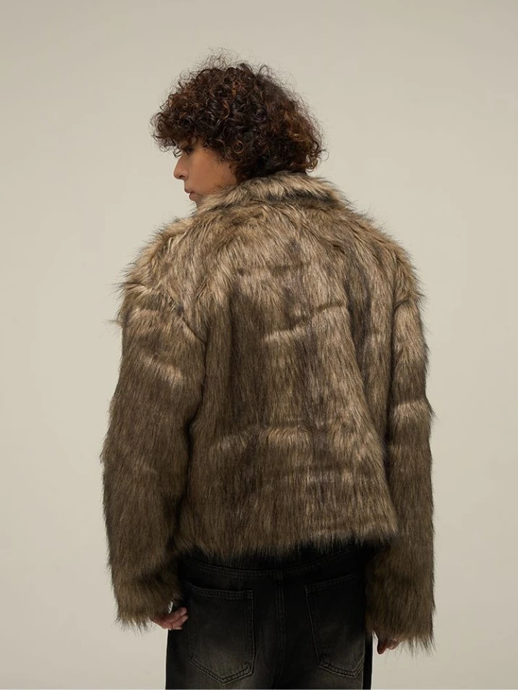Vintage Harajuku Winter Short Thick Warm Soft Faux Fur Coat Men Lapel Design Fluffy Fur Outerwear Long Sleeve Tops Trendy New