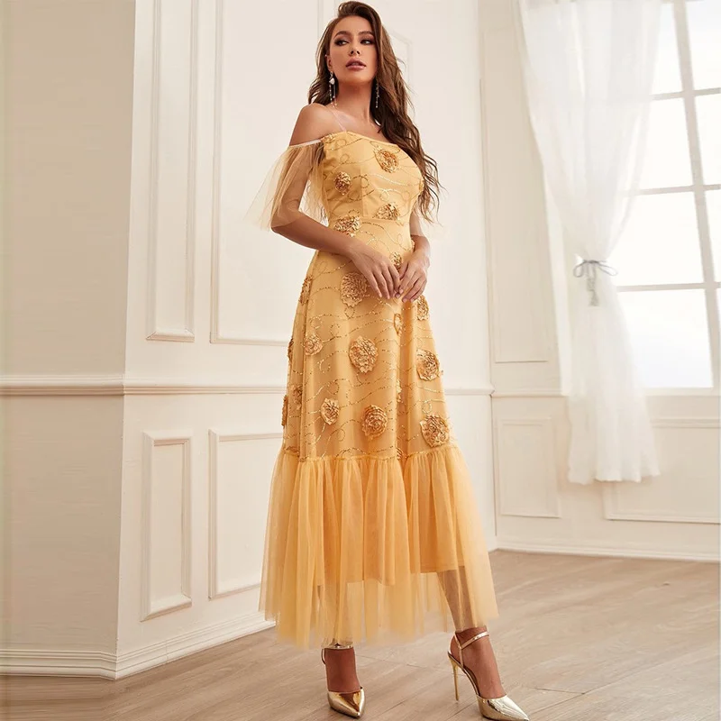 

Women's 2023 Sexy Strap Long Dress French Yellow Mesh High Waist Embroidered A-line Dress Elegant and Pretty Women's Dresses