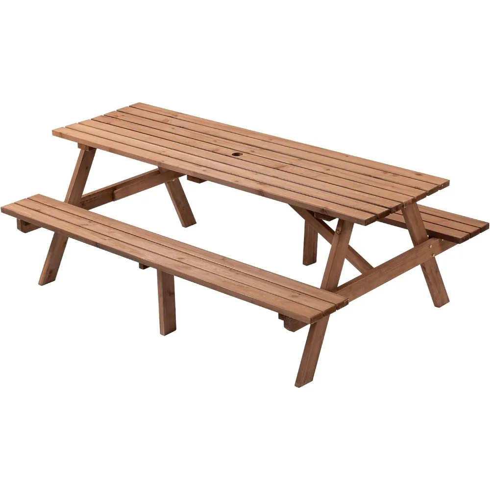 

Picnic Table with Bench for 6-8 Person Outdoor Wooden Rectangle Table for Backyard, Porch, Patio, Deck w/Umbrella Hole -Brown