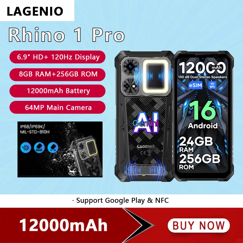 LAGENIO Rhino 1 PRO 4G Rugged Smartphone Android 16 8GB+256GB Mobile Phone 12000mAh Battery 6.9Inch HD+ IPS Cellphone 33w NFC