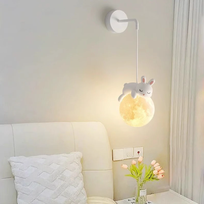 Cute Children\'s Room Bedside Wall Lamps White Bear White Rabbit Lamp Nordic Simple Boy Girl Bedroom Baby Room Decor Wall Lights