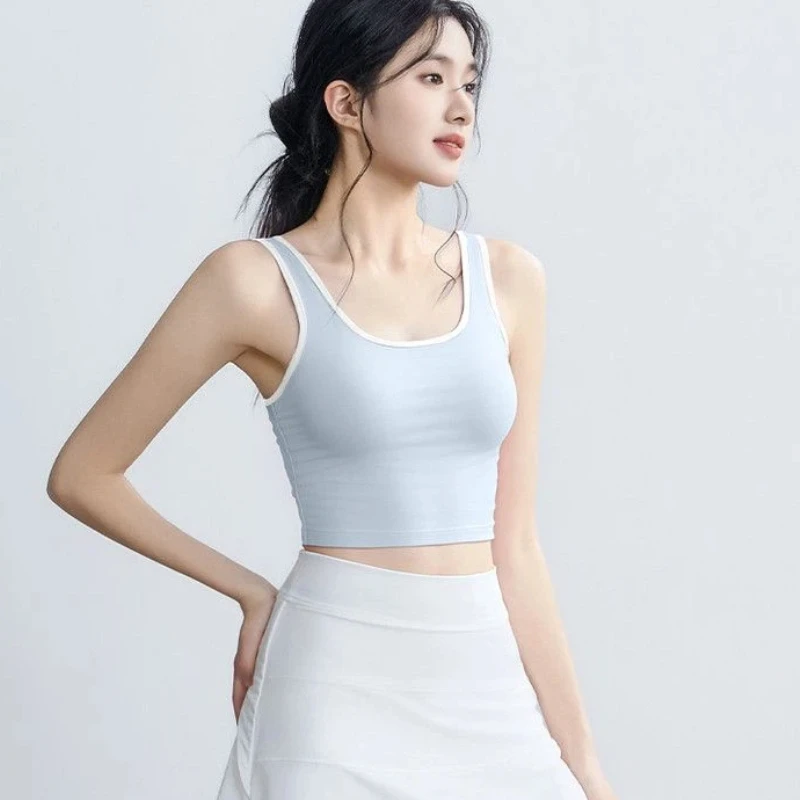 Women Contrast Trim Shockproof Sports Bra Crop Tank Top Pilates Running Yoga Fitness Vest S-XL
