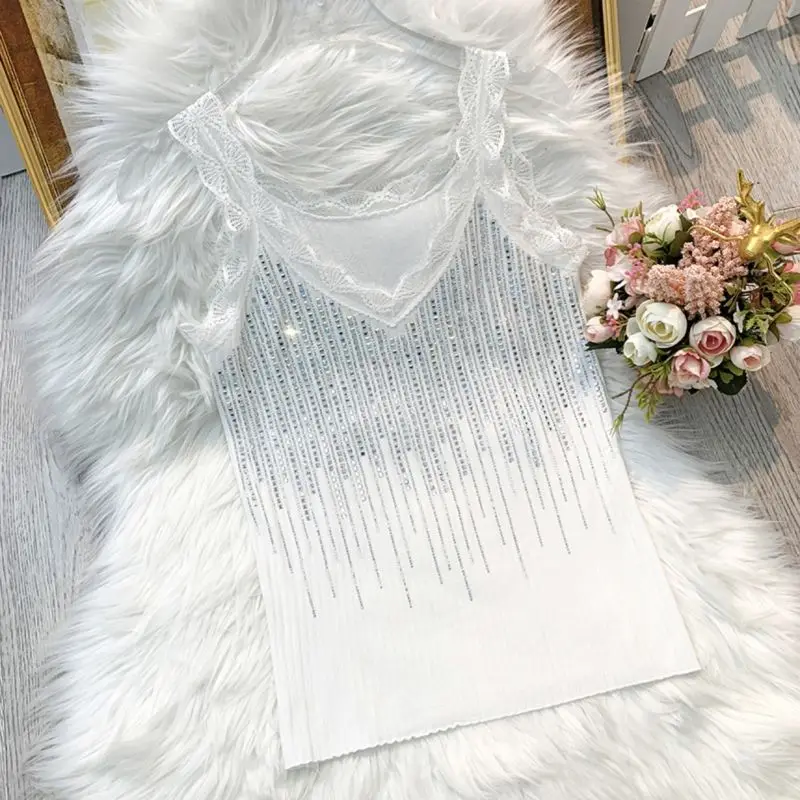 Top Women's Summer Lace Rhinestones Ice Silk Spaghetti Strap Tank Top Layering Piece Stylish Trendy Knit Comfortable Minimalist