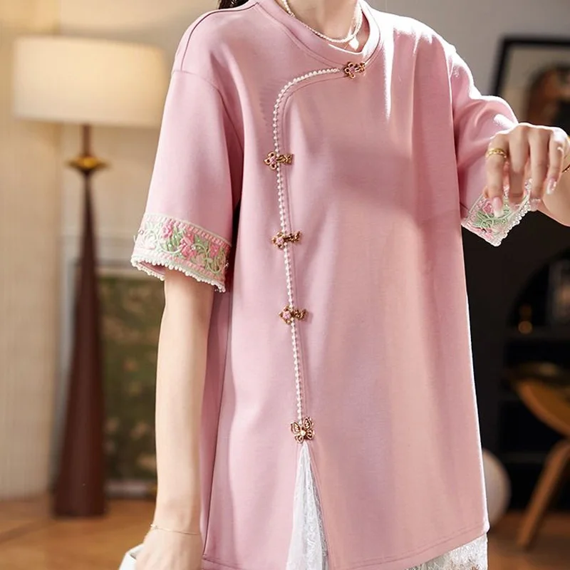 2024 New Chinese Style Solid Color Patchwork Lace Trend Women\'s Clothing Summer Temperament Short Sleeve Straight Pink Blouses