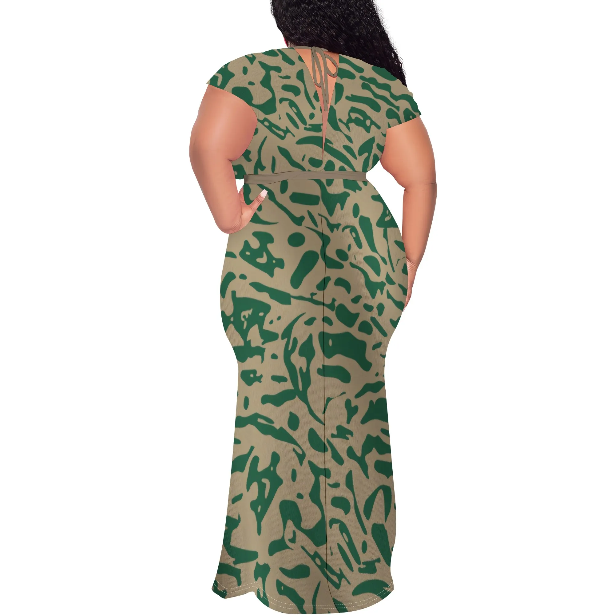 EQQZD V Neck Belted Floral Dress Women Short Sleeve Floor Length Casual Summer Style