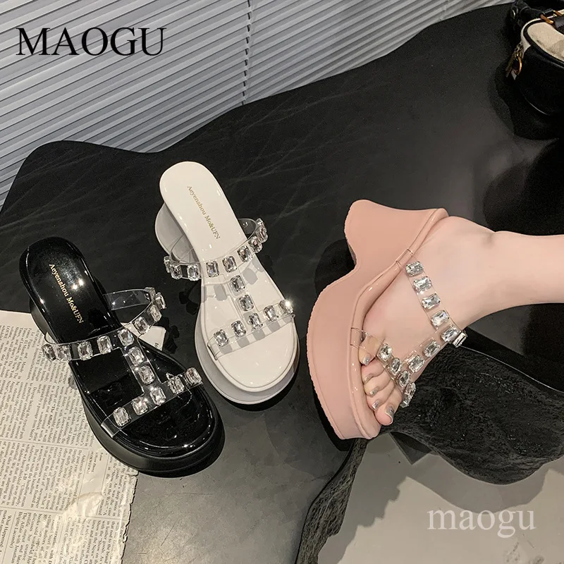 Women Rhinestone Platform Wedge Slides Transparent Strap Crystal Embellished Mules Ladies Open Toe High Heel Slippers Summer