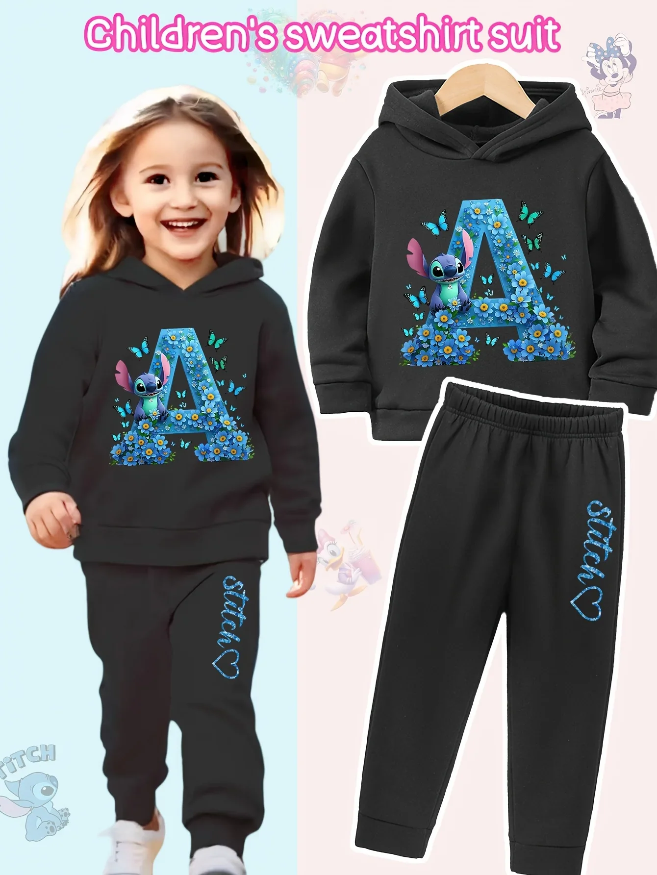 طقم هوديي وسروال للفتيات من ديزني مكون من قطعتين مع خياطة كرتونية وحزام خصر مطاطي للركض للخريف والشتاء