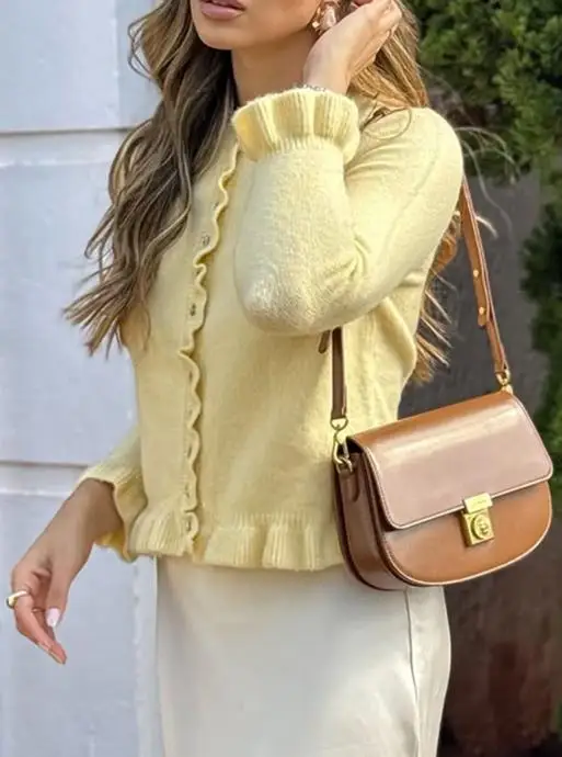 

2025Hot Selling Leisure Vacation Style Solid Color Woolen Button Long Sleeved Top Sweater Women's Clothing Autumn and Winter