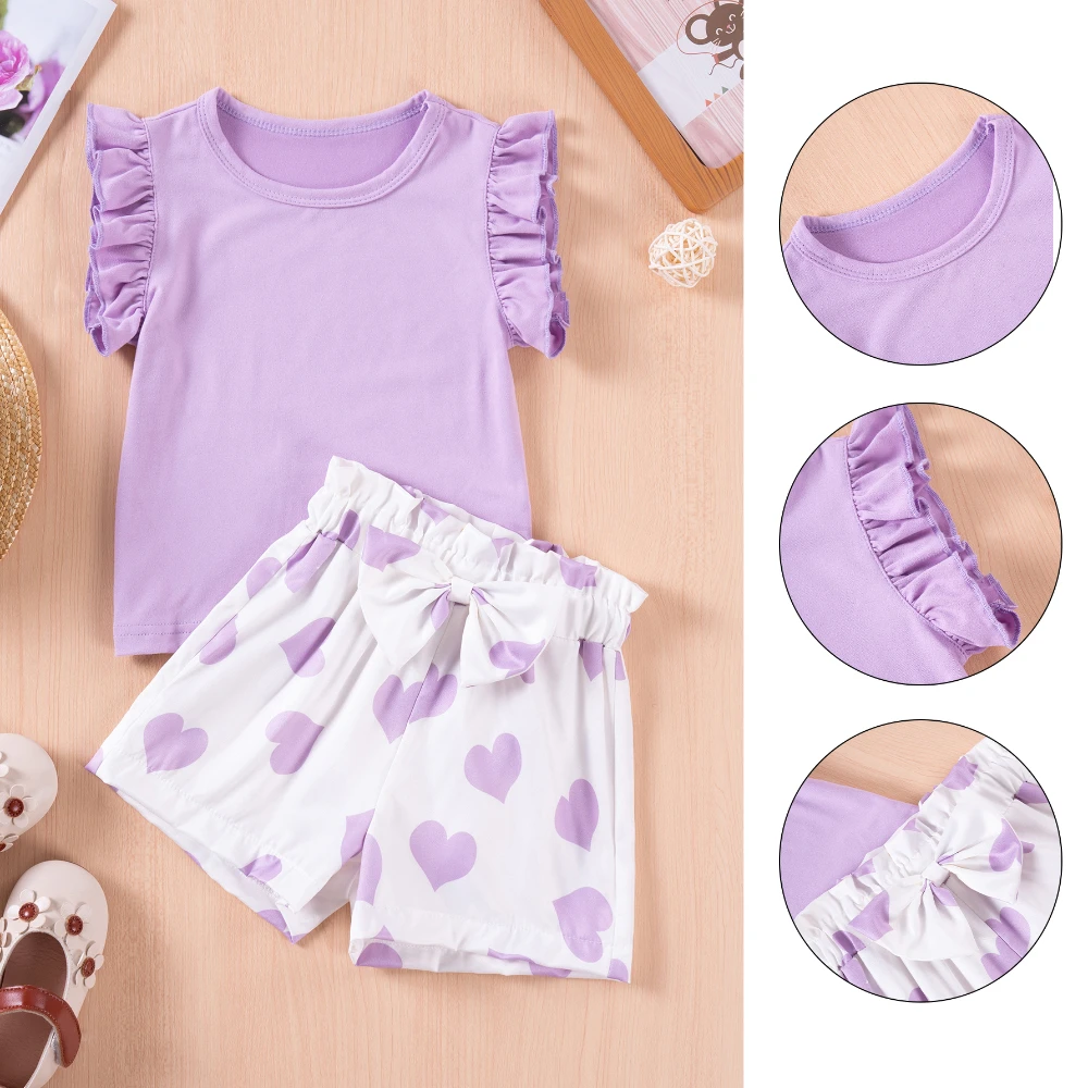 2pcs Summer Girl\'s Suit Round Neck Children\'s Clothes Sweet Solid Color Top + Heart-shaped Printed Shorts Soft Skin-friendly