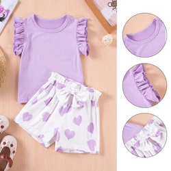 2pcs Summer Girl's Suit Round Neck Children's Clothes Sweet Solid Color Top + Heart-shaped Printed Shorts Soft Skin-friendly