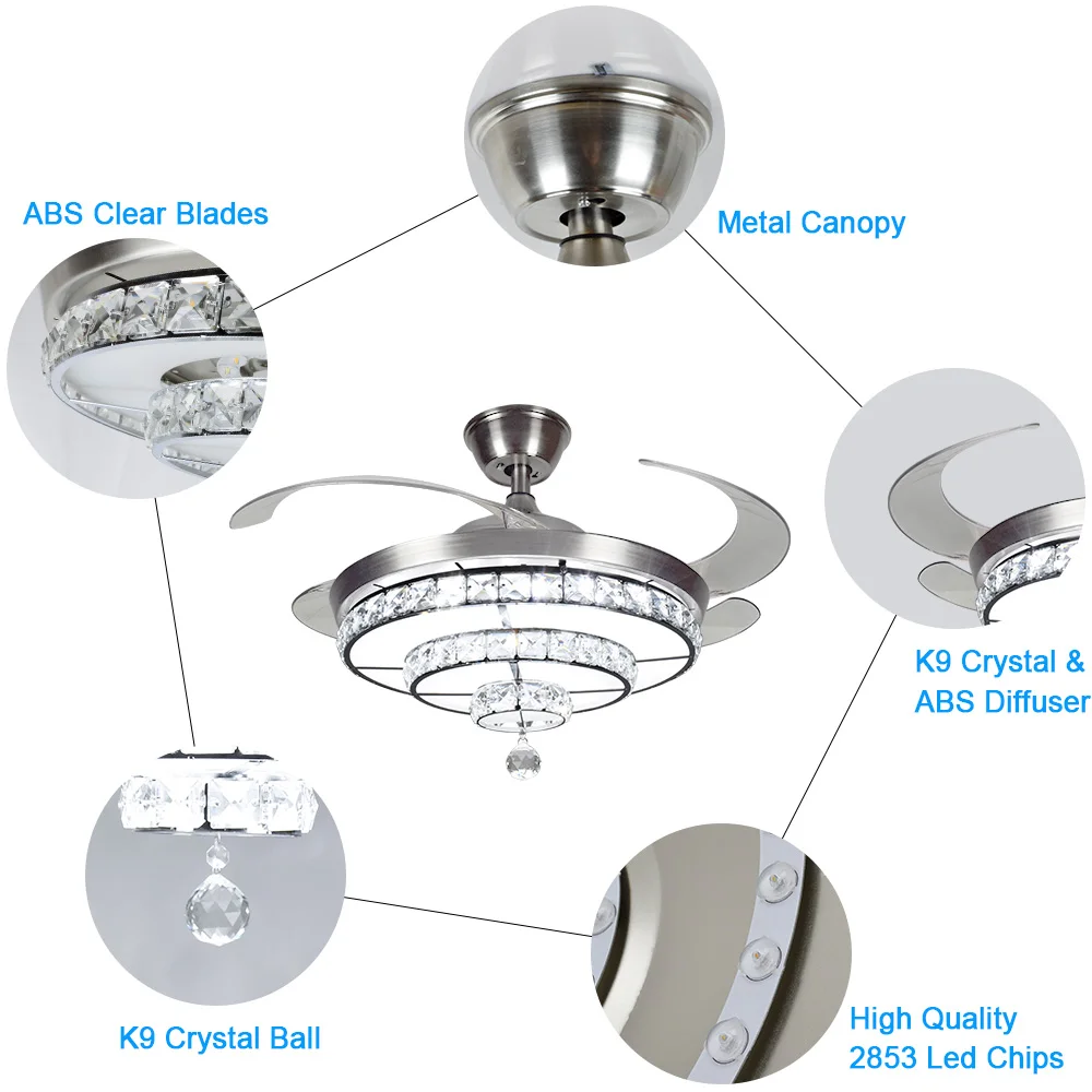 Imagem -05 - Depeley Controle Remoto Ventilador de Teto de Cristal com Luz 3-blade Retrátil Led Ventilador Lustre Cor Mutável para Sala de Estar