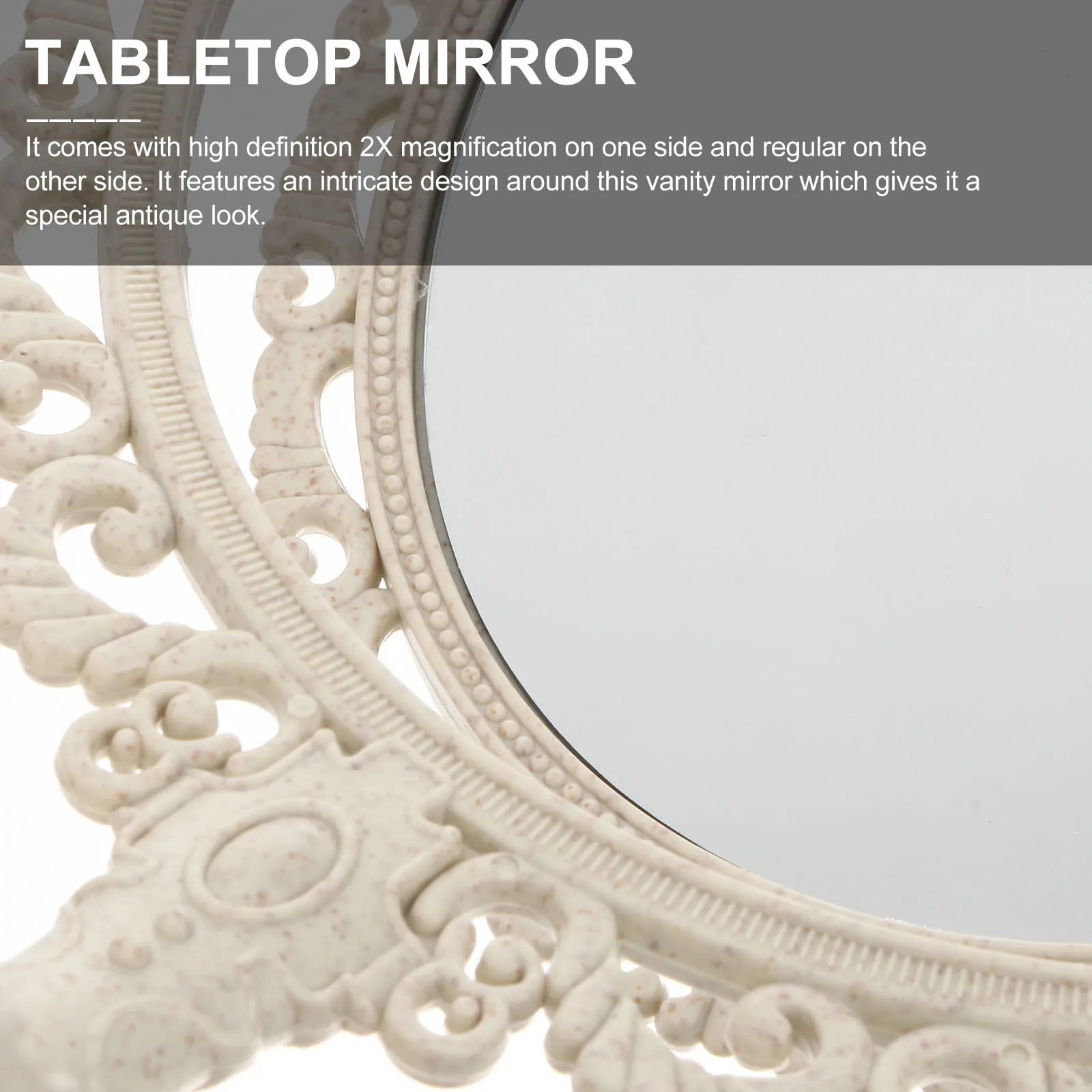 Beige Oval Tabletop Vanity Mirror 360 Degree Rotating 2x Magnification Double-Side Exquisite Classic Design Detachable Base