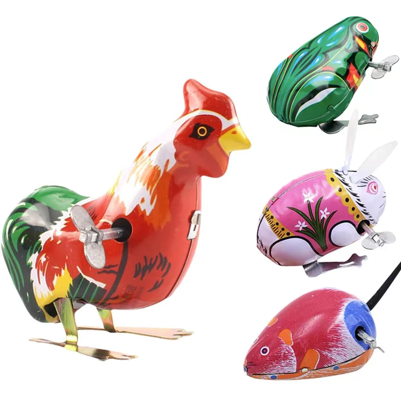 4pcs Wind-up Clockwork Tin Frog Rabbit Mouse Rooster Party Game Team Competition Game Prizes Nostalgic Souvenirs Gifts TMZ