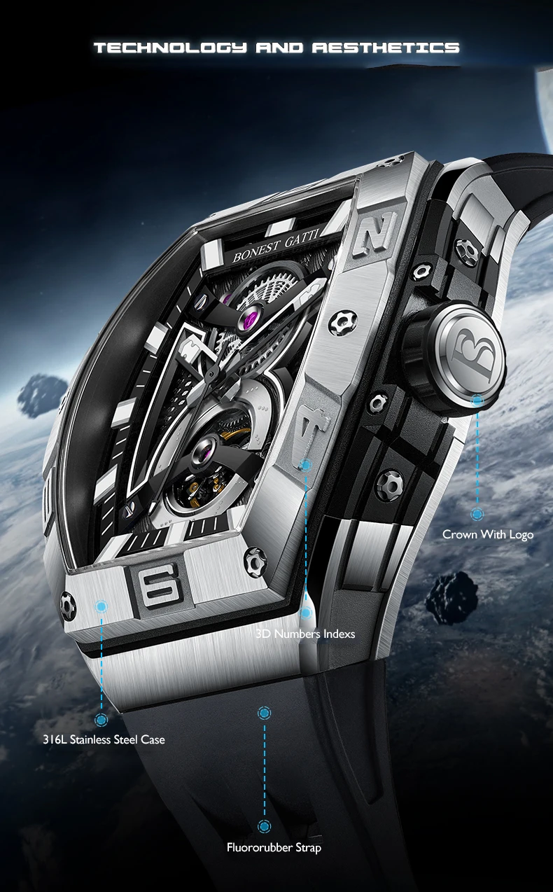 BONEST GATTI Men Automatic Watch Luxury Tonneau Mechanical Wristwatch Fashion Waterproof Sapphire Luminous Fluororubber Strap