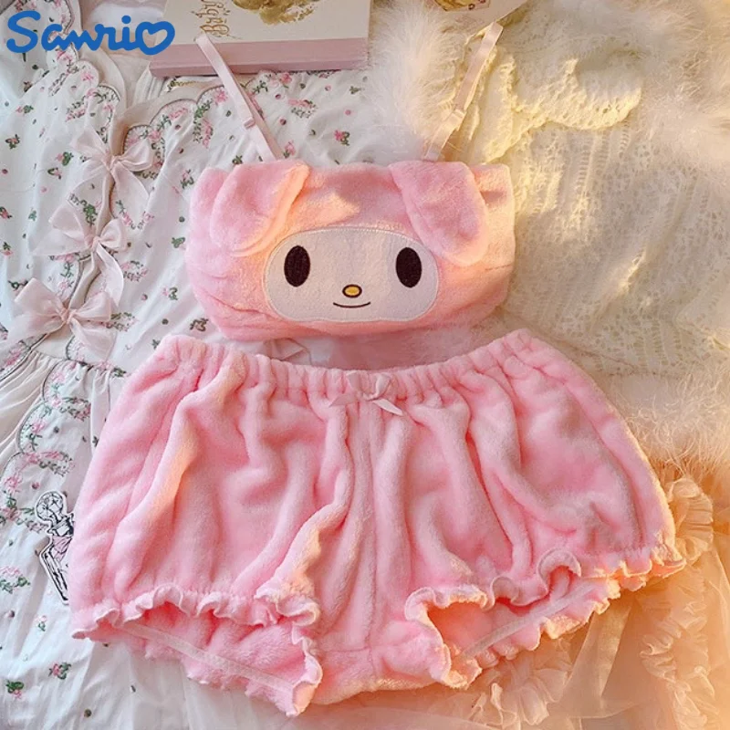 Sanrio Plush Kawaii Cartoon Autumn Winter Mymelody Kuromi Cinnamon Pajamas Underwear Bra Little Devil Sexy Cute Home Clothes