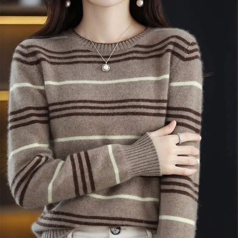 

Fashion Autumn Winter Korean Jumpers Vintage Striped Patchwork Commute Female Clothing Casual Round Neck Loose Knitted Sweaters