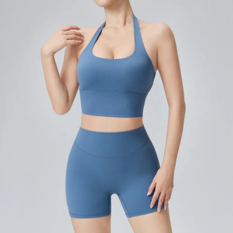 Einfarbiges, verdrehtes Yoga-Oberteil mit schöner Rückenpartie, Fitness-Shorts, Yoga-Set für Damen, Sport- und Laufbekleidung, Yoga-Kleidungsset – Detail 4
