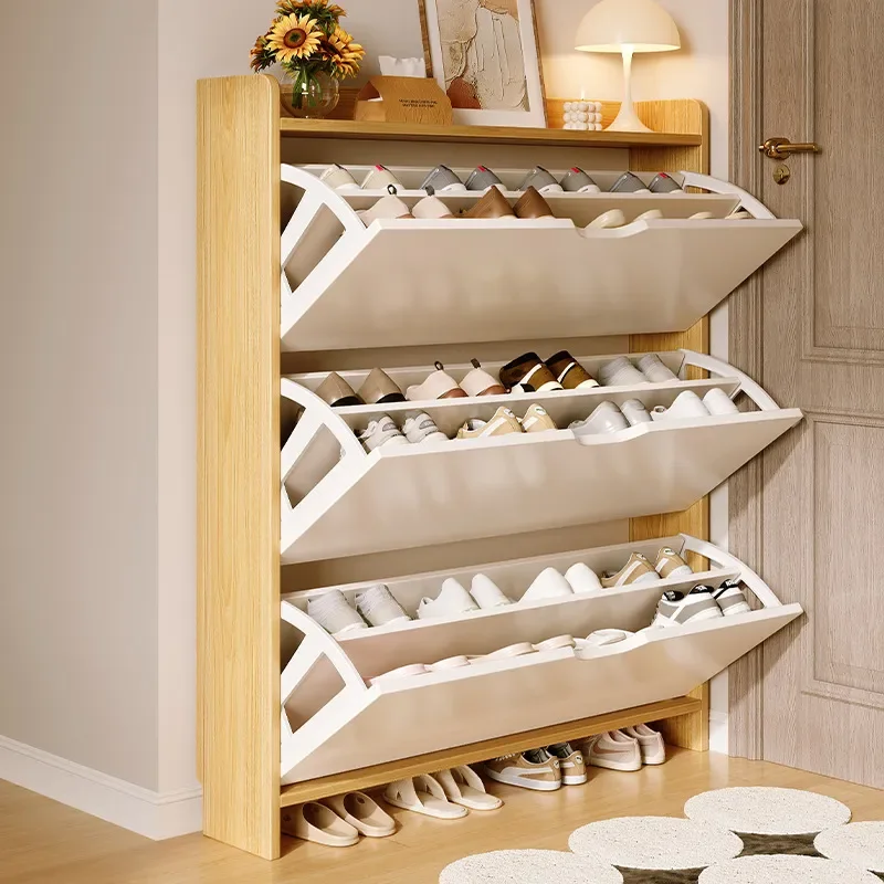 Large Capacity Wooden Shoe Cabinet Multi Layer Entryway Storage Rack Narrow Space Saving Wall Mounted Shoe Organizer for Home