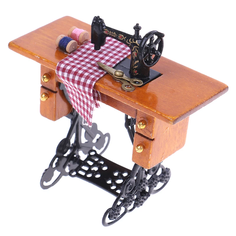 Dollhouse Miniature Sewing Machine Model 1/12 Mini Simulation Furniture Sewing Machine Table Cloth Decor Accessories