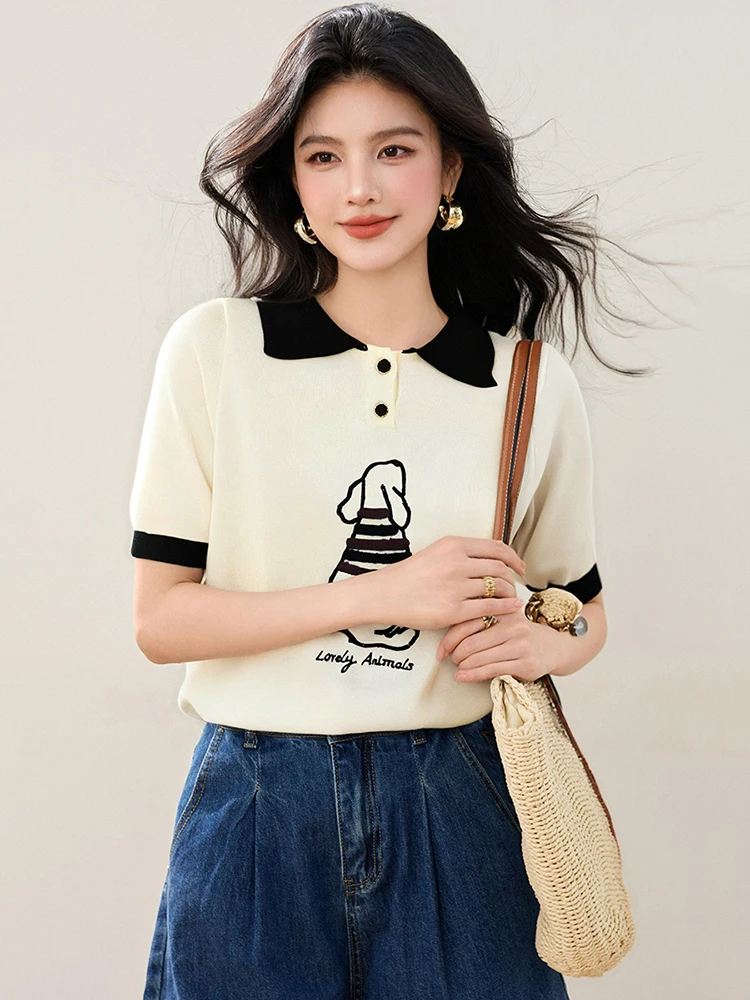 T-shirt casual a maniche corte allentata 2025 Estate nuova polo Pullover Top T-shirt di nicchia con senso del design della moda