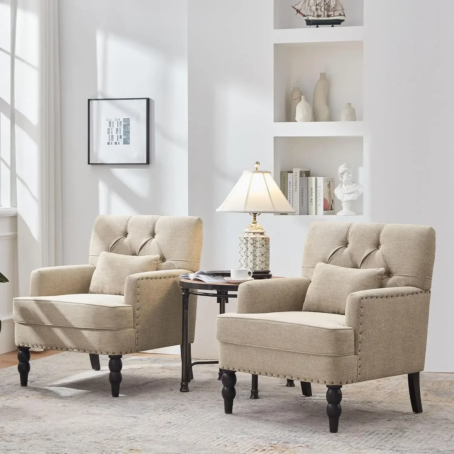 Tufted Club Chair Set of 2 with Lumbar Pillow,Accent Chair Upholstered Button Armchair,Linen Fabric Sofa Chairs,Brown