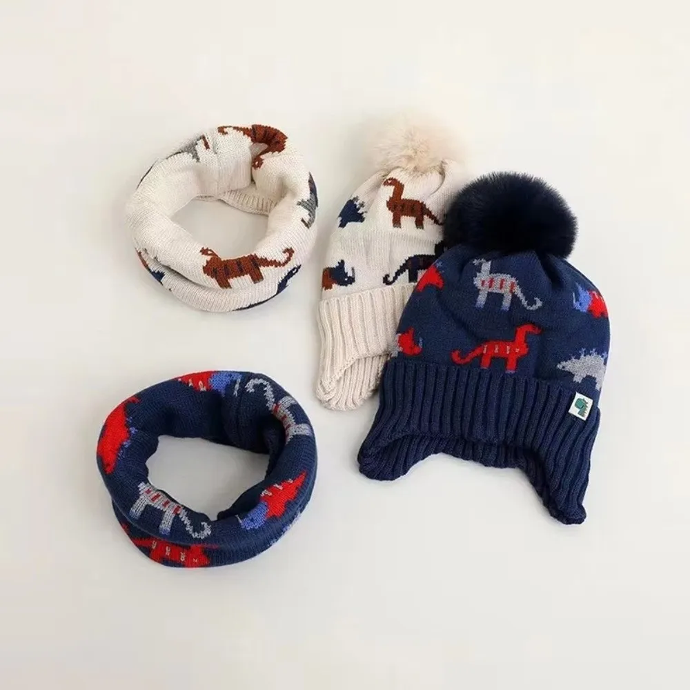 

2Pcs Set New Thickened Beanie Cap Warm Cartoon Dinosaur Scarf Set Ear Protection Knitted Hat Winter