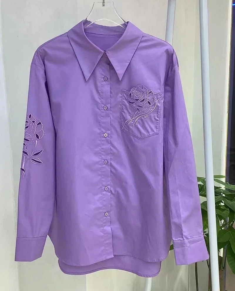 High Quality Brand New Shirts 2024 Spring Fashoin White Purple Shirts Women Turn-down Collar Flower Embroidery Cotton Shirts