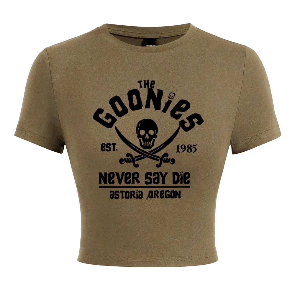 Die Goonies est 1985 sagen nie sterben Frauen T-Shirt Slim Fit Mode T-Shirt Sommer elastische Kleidung eng anliegende coole kurze T-Shirt
